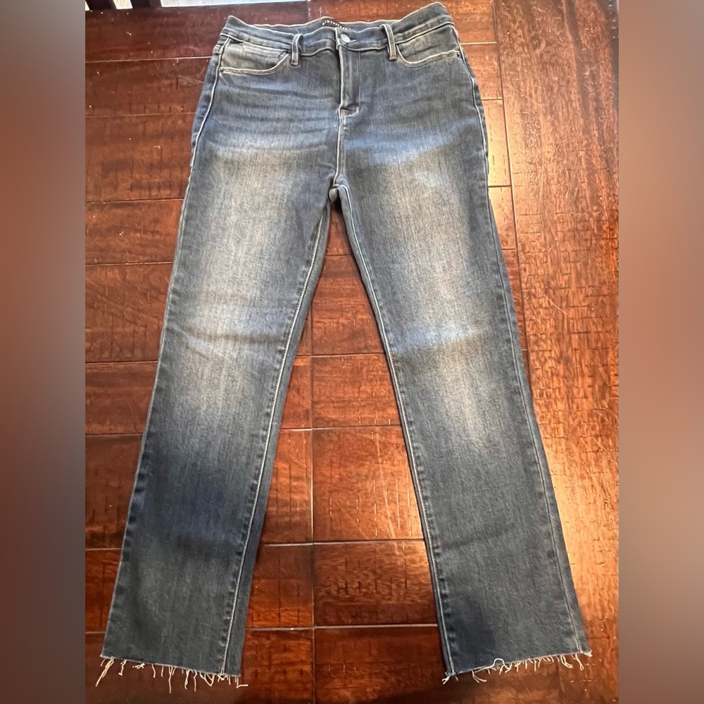 Blue Straight Leg Jeans with Distressed Details